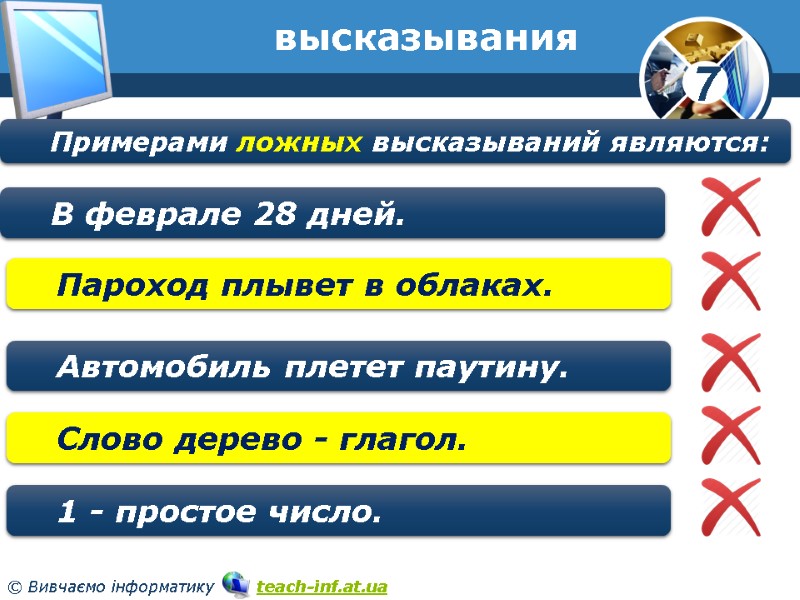 высказывания Примерами ложных высказываний являются: В феврале 28 дней. Пароход плывет в облаках. Автомобиль